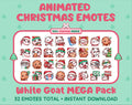 White Goat Christmas animated Twitch emote mega pack featuring 32 emotes including hype, gift, candy, and cookie.