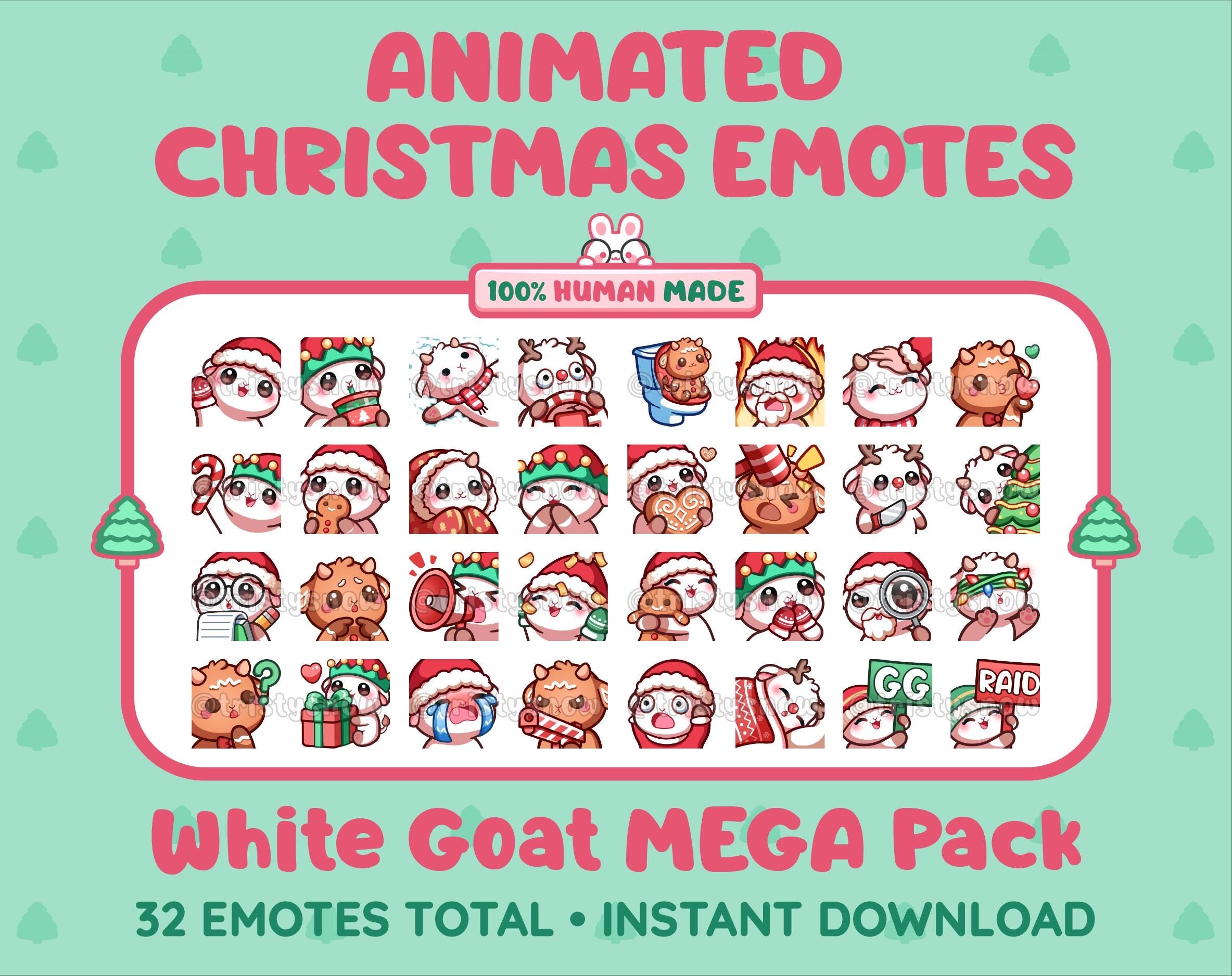 White Goat Christmas animated Twitch emote mega pack featuring 32 emotes including hype, gift, candy, and cookie.