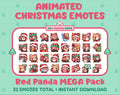 Red Panda Christmas animated Twitch emote mega pack featuring 32 emotes including hype, gift, candy, and cookie.