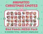 Red Panda Christmas animated Twitch emote mega pack featuring 32 emotes including hype, gift, candy, and cookie.