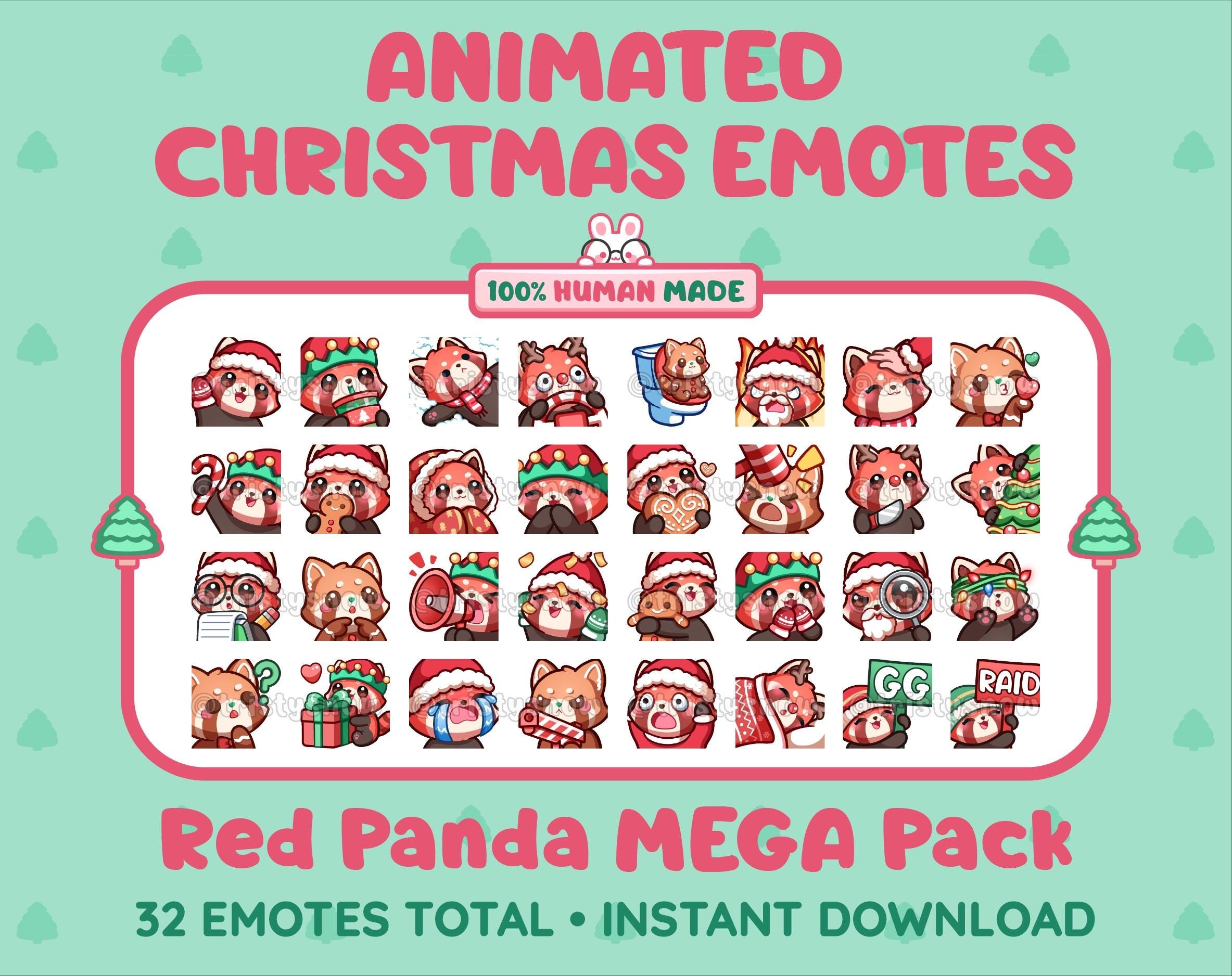 Red Panda Christmas animated Twitch emote mega pack featuring 32 emotes including hype, gift, candy, and cookie.
