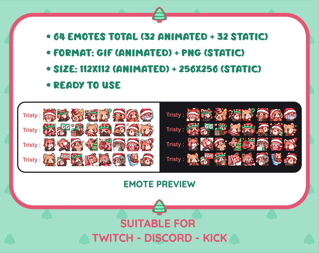 Red Panda Christmas animated Twitch emote mega pack preview displaying all 32 emotes with format and size information.