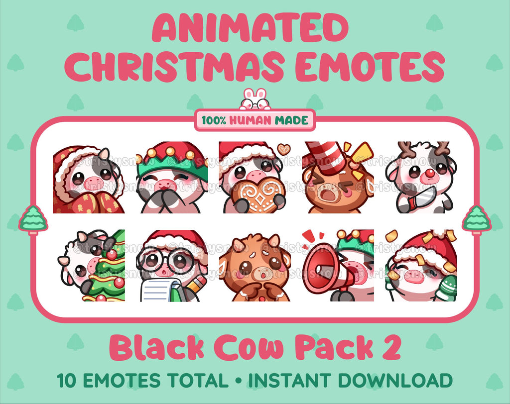 Black Cow Christmas animated Twitch emote pack featuring 10 emotes including cozy, bonk, lurk, and hype.