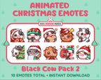 Black Cow Christmas animated Twitch emote pack featuring 10 emotes including cozy, bonk, lurk, and hype.