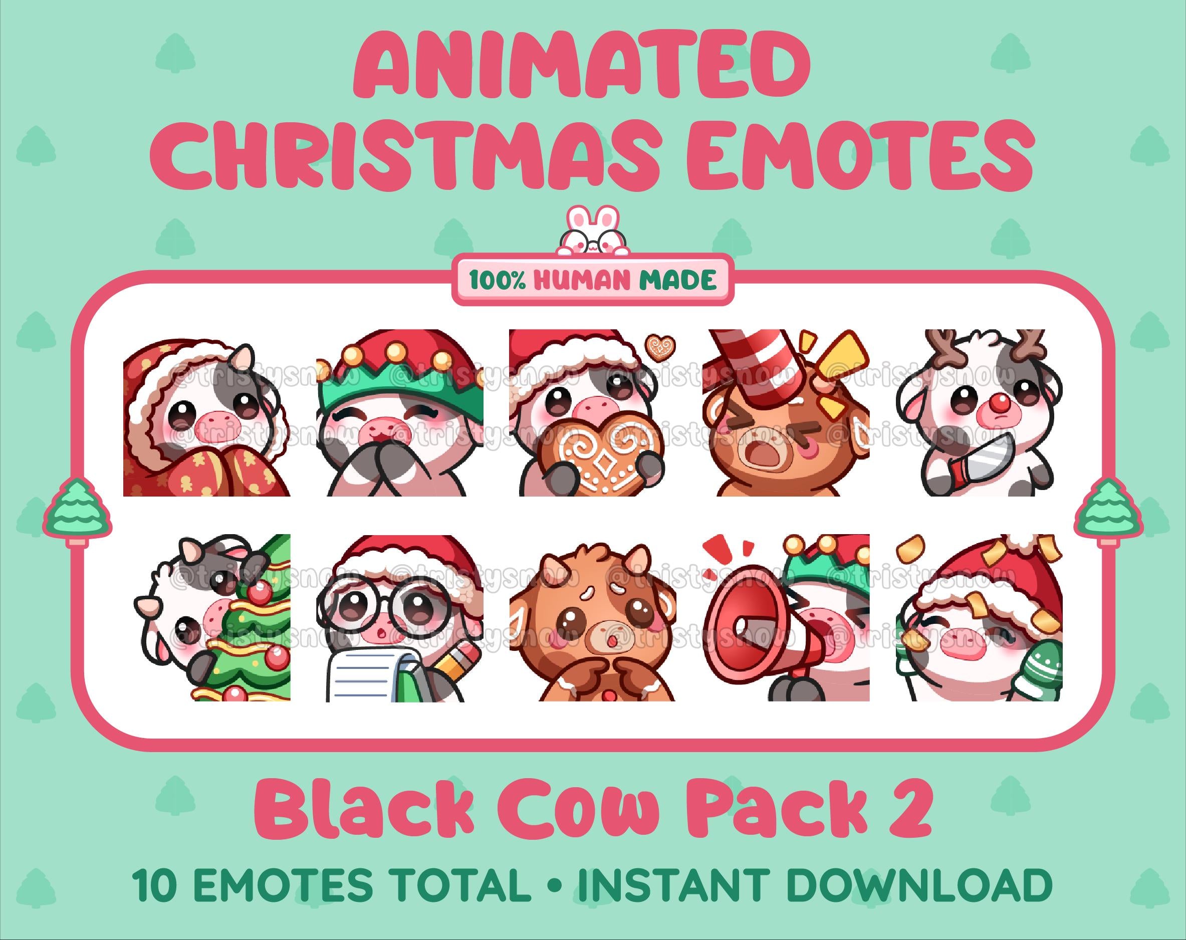 Black Cow Christmas animated Twitch emote pack featuring 10 emotes including cozy, bonk, lurk, and hype.