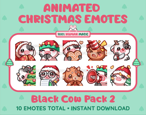 Black Cow Christmas animated Twitch emote pack featuring 10 emotes including cozy, bonk, lurk, and hype.