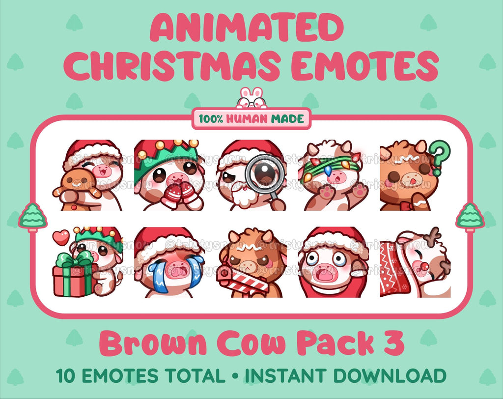Brown Cow Christmas animated Twitch emote pack featuring 10 emotes including hug, sus, cry, and panic.