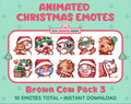 Brown Cow Christmas animated Twitch emote pack featuring 10 emotes including hug, sus, cry, and panic.