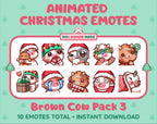 Brown Cow Christmas animated Twitch emote pack featuring 10 emotes including hug, sus, cry, and panic.