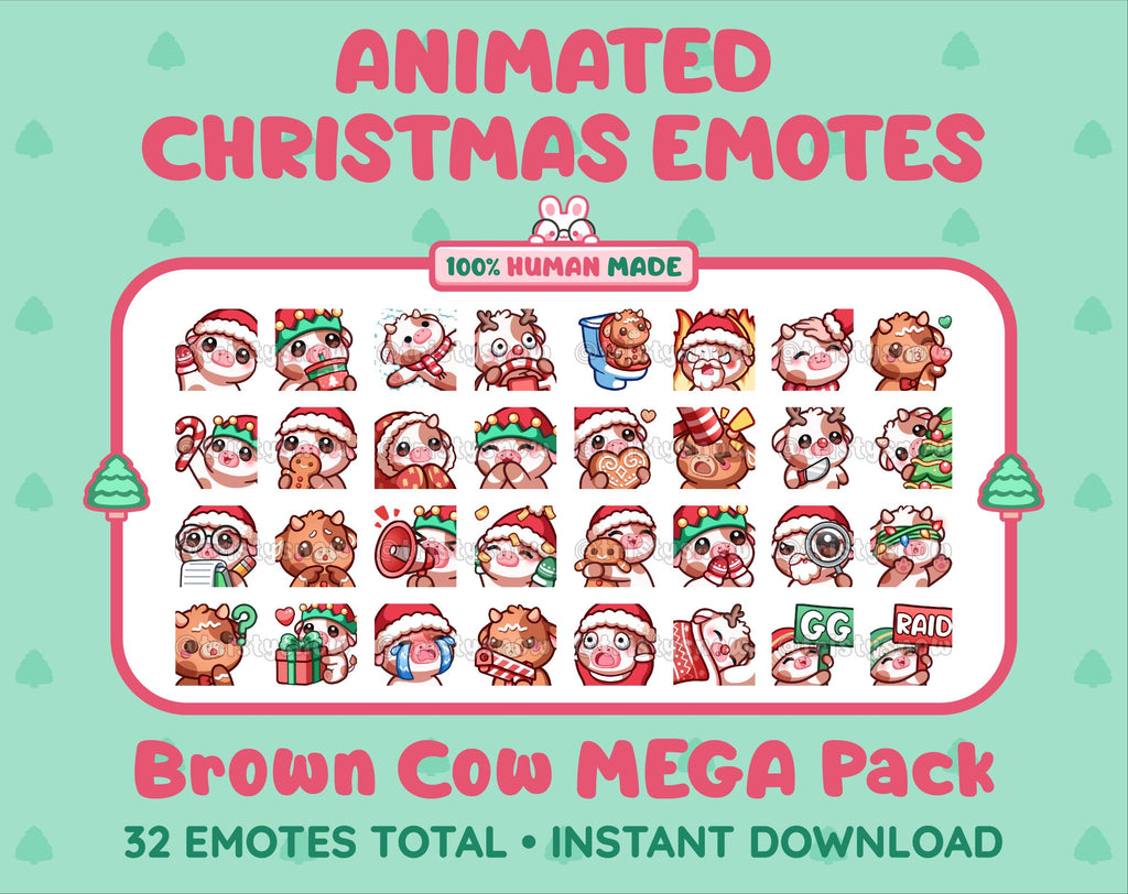 Brown Cow Christmas animated Twitch emote mega pack featuring 32 emotes including hype, gift, candy, and cookie.