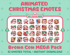 Brown Cow Christmas animated Twitch emote mega pack featuring 32 emotes including hype, gift, candy, and cookie.