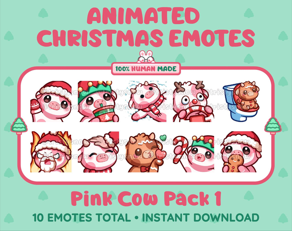Pink Cow Christmas animated Twitch emote pack featuring 10 emotes including angry, kiss, candy, and cookie.