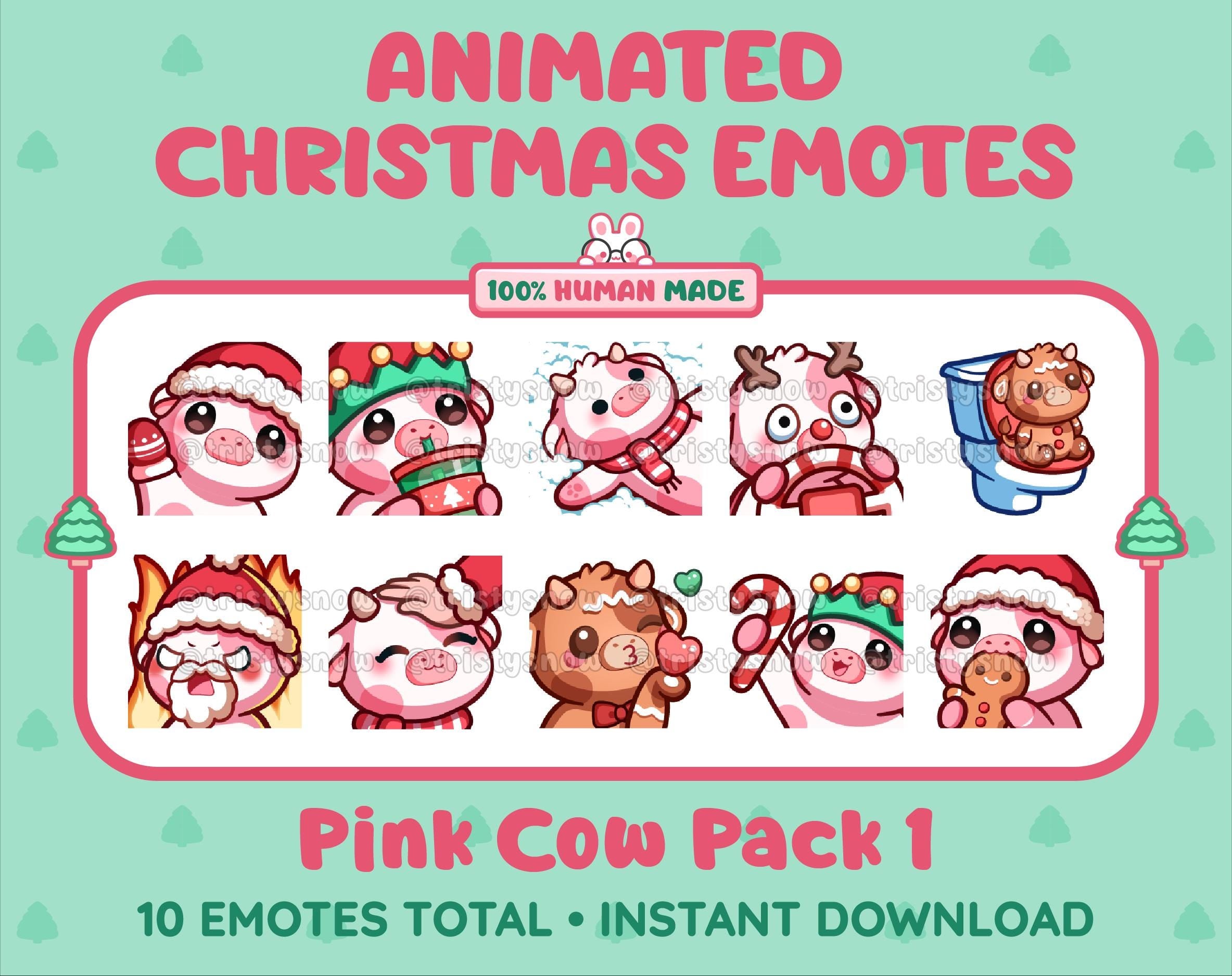 Pink Cow Christmas animated Twitch emote pack featuring 10 emotes including angry, kiss, candy, and cookie.