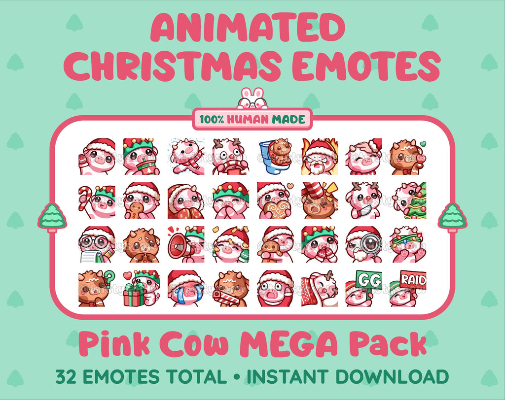 Pink Cow Christmas animated Twitch emote mega pack featuring 32 emotes including hype, gift, candy, and cookie.