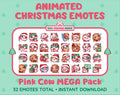 Pink Cow Christmas animated Twitch emote mega pack featuring 32 emotes including hype, gift, candy, and cookie.
