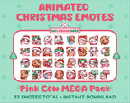 Pink Cow Christmas animated Twitch emote mega pack featuring 32 emotes including hype, gift, candy, and cookie.
