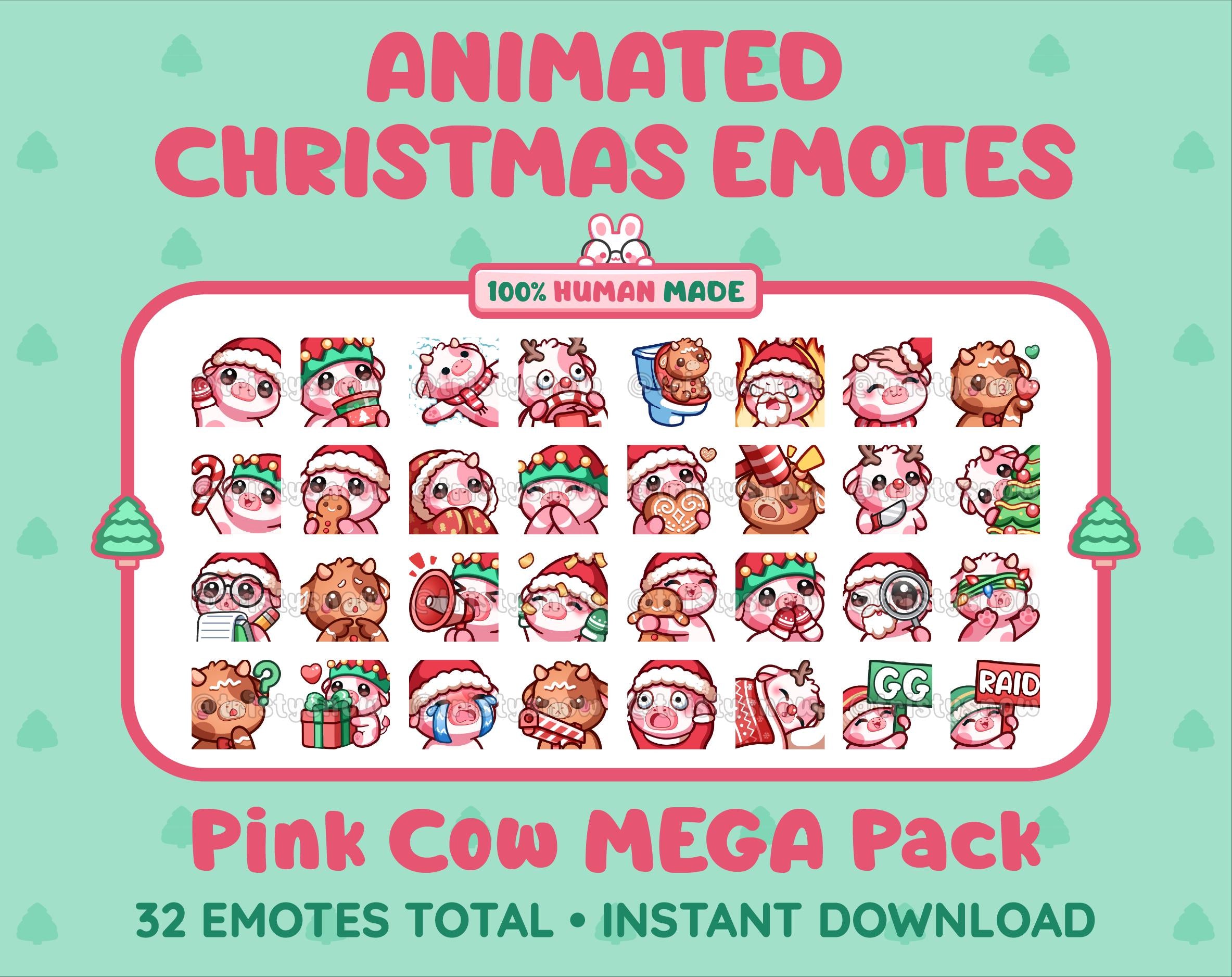 Pink Cow Christmas animated Twitch emote mega pack featuring 32 emotes including hype, gift, candy, and cookie.