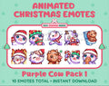 Purple Cow Christmas animated Twitch emote pack featuring 10 emotes including angry, kiss, candy, and cookie.