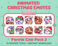 Purple Cow Christmas animated Twitch emote pack featuring 10 emotes including cozy, bonk, lurk, and hype.