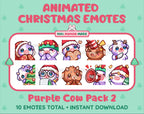 Purple Cow Christmas animated Twitch emote pack featuring 10 emotes including cozy, bonk, lurk, and hype.