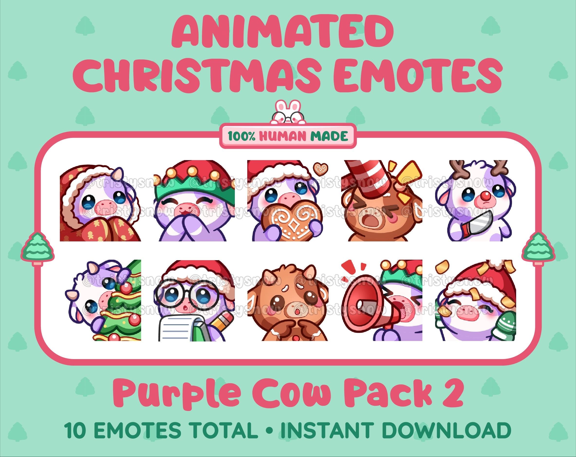 Purple Cow Christmas animated Twitch emote pack featuring 10 emotes including cozy, bonk, lurk, and hype.