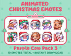 Purple Cow Christmas animated Twitch emote pack featuring 10 emotes including hug, sus, cry, and panic.