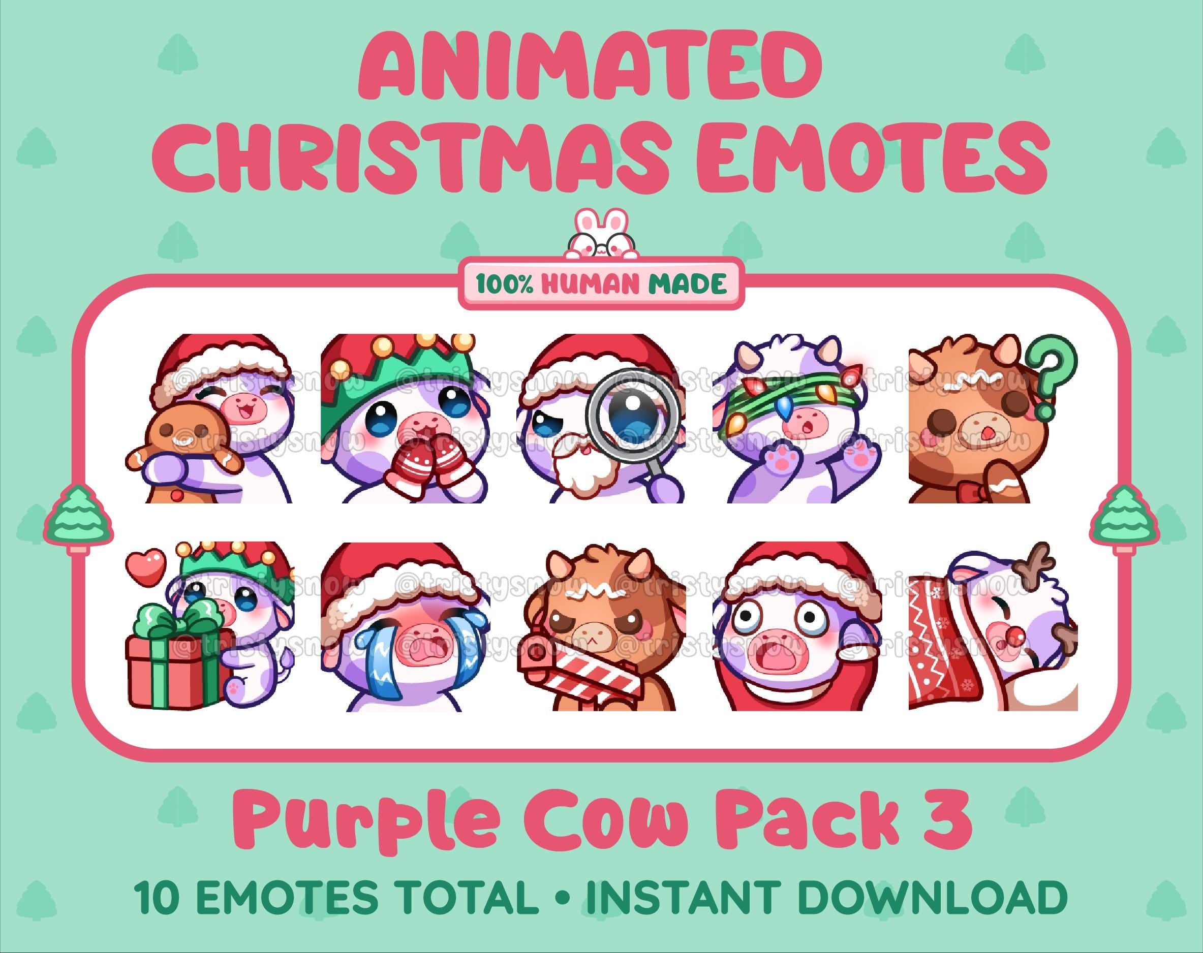Purple Cow Christmas animated Twitch emote pack featuring 10 emotes including hug, sus, cry, and panic.