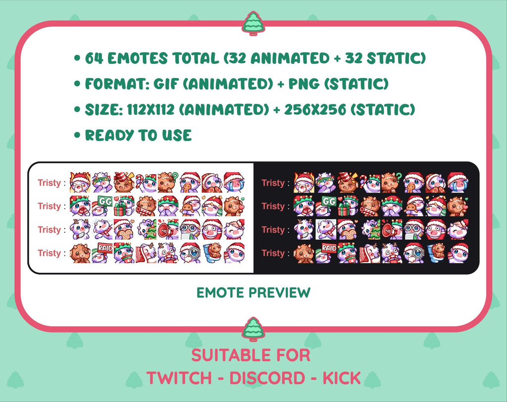 Purple Cow Christmas animated Twitch emote mega pack preview displaying all 32 emotes with format and size information.