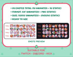 Purple Cow Christmas animated Twitch emote mega pack preview displaying all 32 emotes with format and size information.