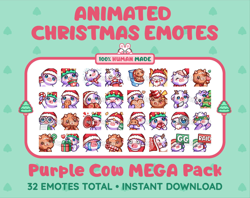 Purple Cow Christmas animated Twitch emote mega pack featuring 32 emotes including hype, gift, candy, and cookie.