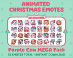 Purple Cow Christmas animated Twitch emote mega pack featuring 32 emotes including hype, gift, candy, and cookie.