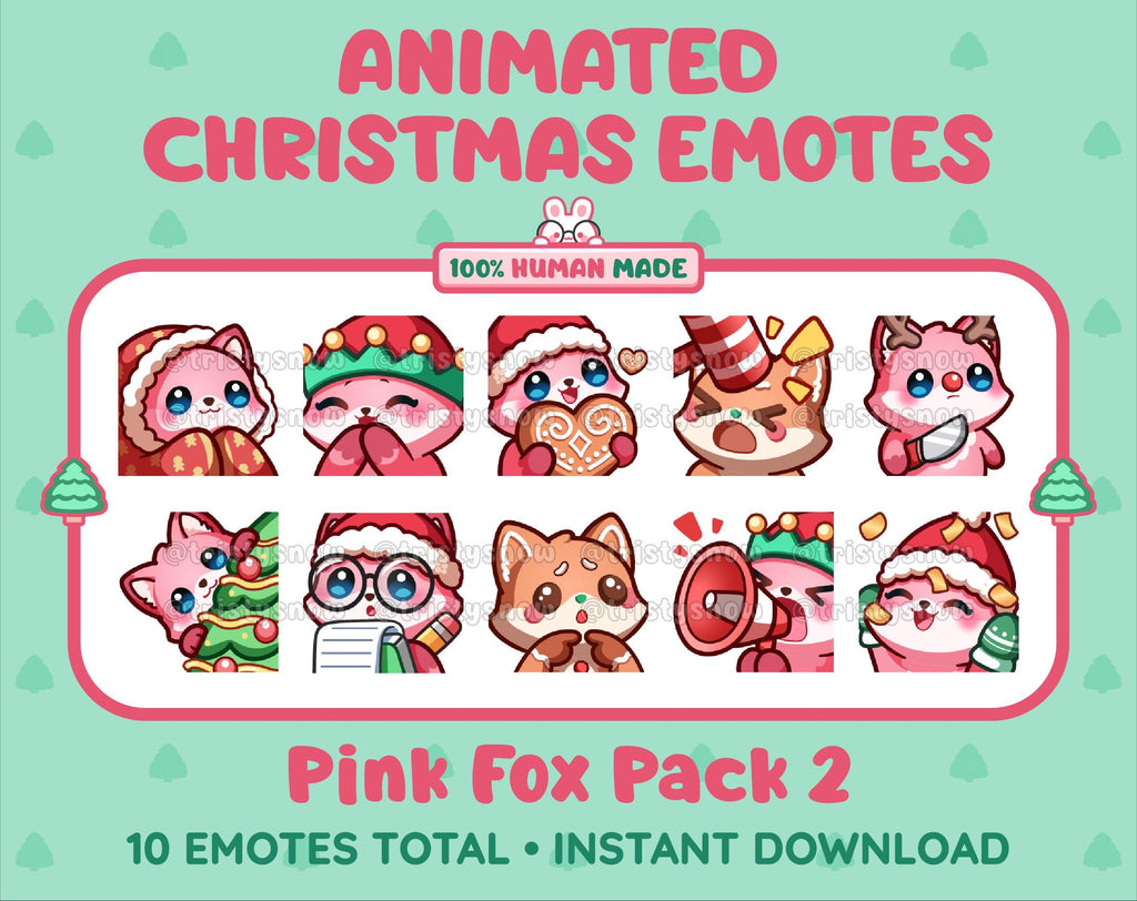 Pink Fox Christmas animated Twitch emote pack featuring 10 emotes including cozy, bonk, lurk, and hype.