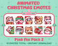 Pink Fox Christmas animated Twitch emote pack featuring 10 emotes including cozy, bonk, lurk, and hype.