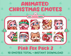 Pink Fox Christmas animated Twitch emote pack featuring 10 emotes including cozy, bonk, lurk, and hype.