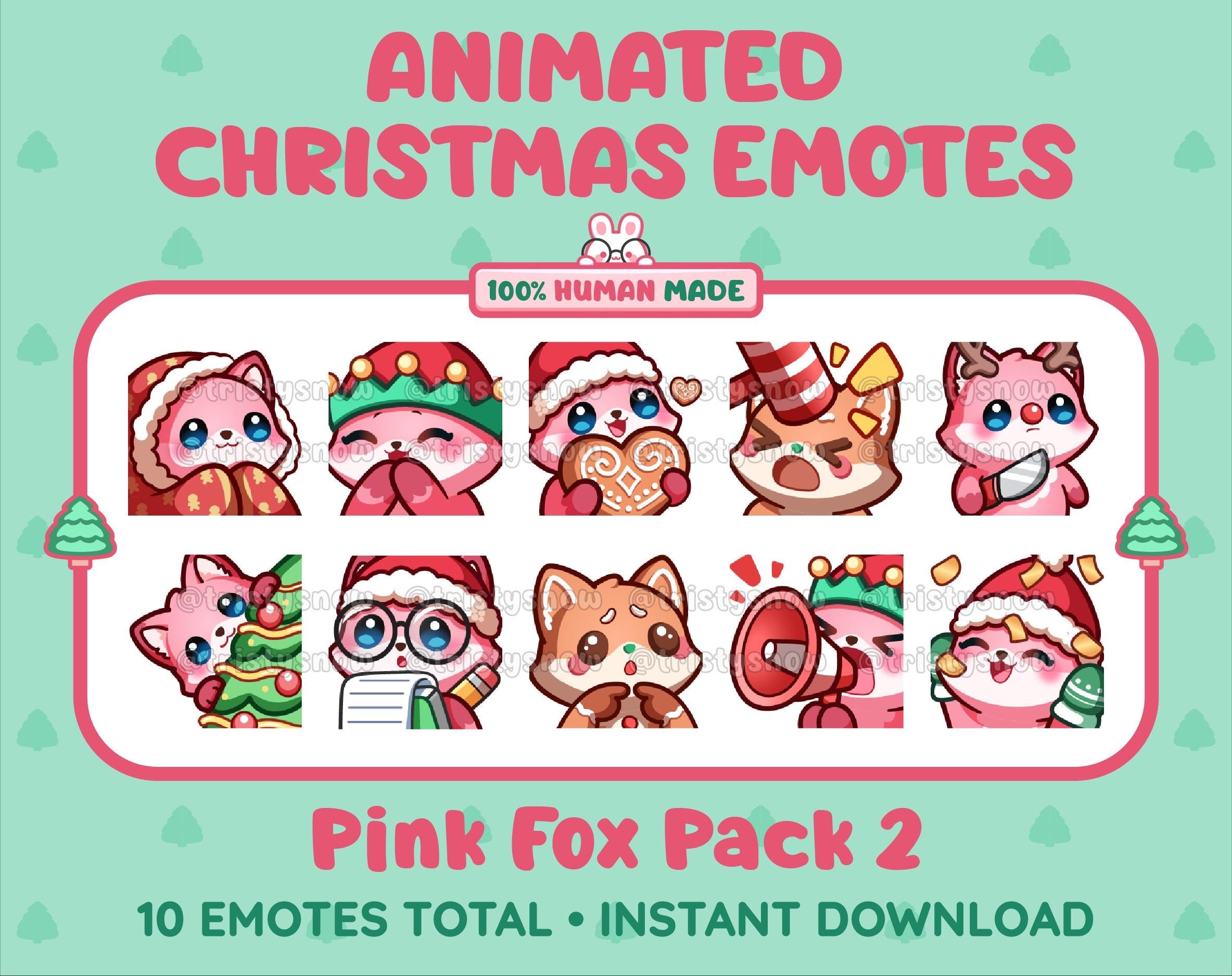 Pink Fox Christmas animated Twitch emote pack featuring 10 emotes including cozy, bonk, lurk, and hype.