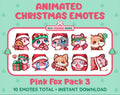 Pink Fox Christmas animated Twitch emote pack featuring 10 emotes including hug, sus, cry, and panic.