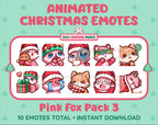 Pink Fox Christmas animated Twitch emote pack featuring 10 emotes including hug, sus, cry, and panic.