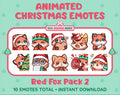 Red Fox Christmas animated Twitch emote pack featuring 10 emotes including cozy, bonk, lurk, and hype.
