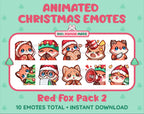 Red Fox Christmas animated Twitch emote pack featuring 10 emotes including cozy, bonk, lurk, and hype.