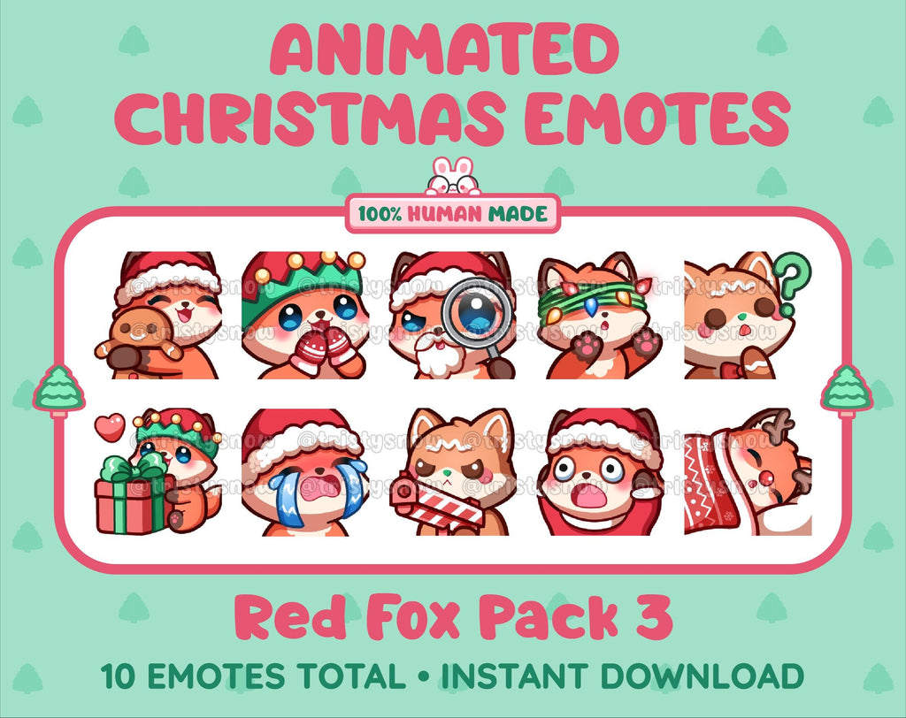 Red Fox Christmas animated Twitch emote pack featuring 10 emotes including hug, sus, cry, and panic.