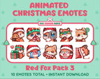 Red Fox Christmas animated Twitch emote pack featuring 10 emotes including hug, sus, cry, and panic.