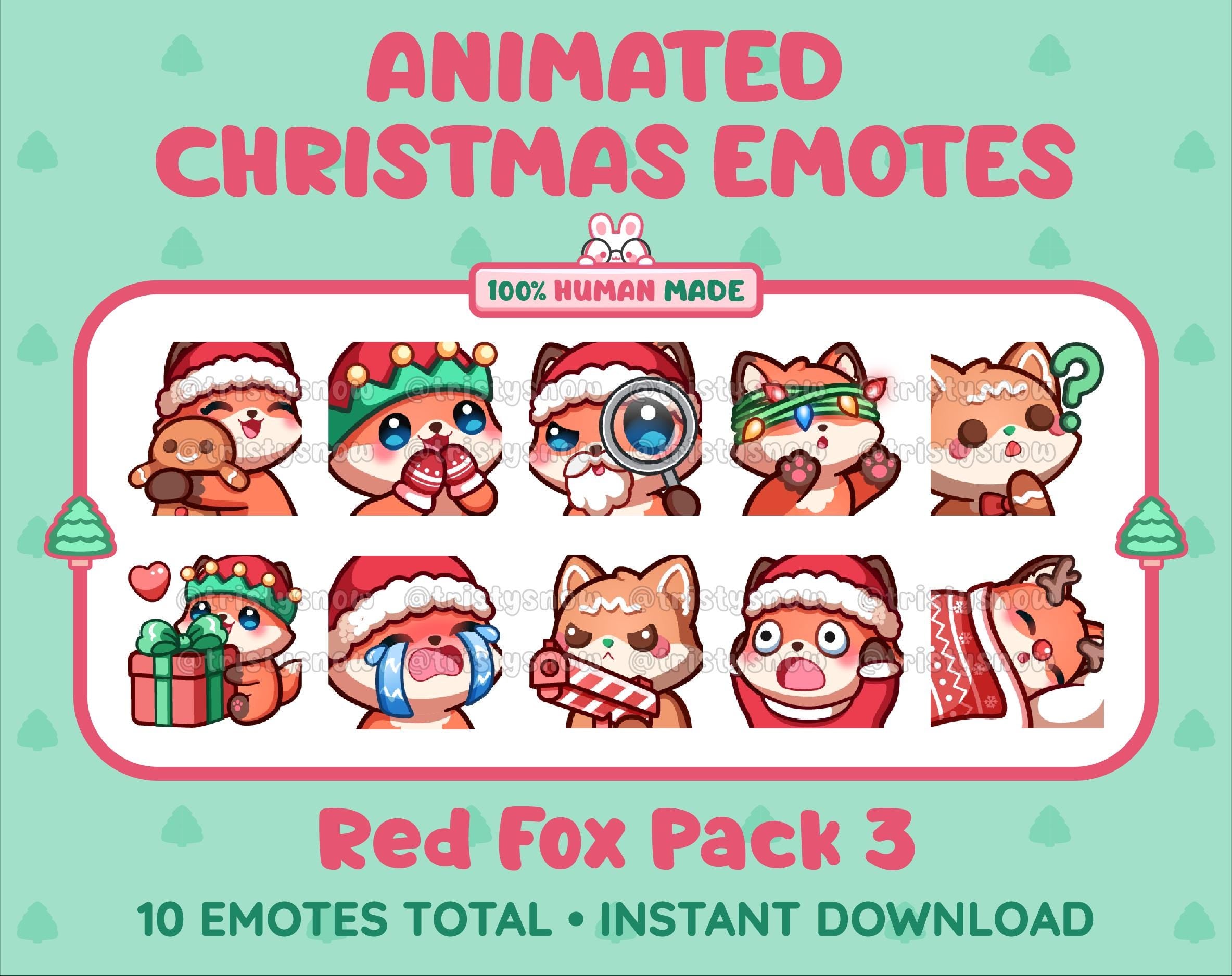 Red Fox Christmas animated Twitch emote pack featuring 10 emotes including hug, sus, cry, and panic.