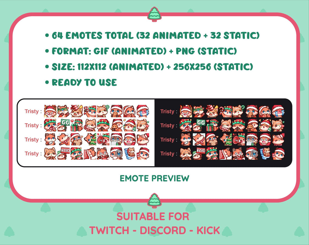 Red Fox Christmas animated Twitch emote mega pack preview displaying all 32 emotes with format and size information.