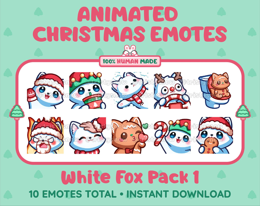 White Fox Christmas animated Twitch emote pack featuring 10 emotes including angry, kiss, candy, and cookie.
