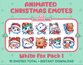 White Fox Christmas animated Twitch emote pack featuring 10 emotes including angry, kiss, candy, and cookie.