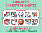White Fox Christmas animated Twitch emote pack featuring 10 emotes including angry, kiss, candy, and cookie.