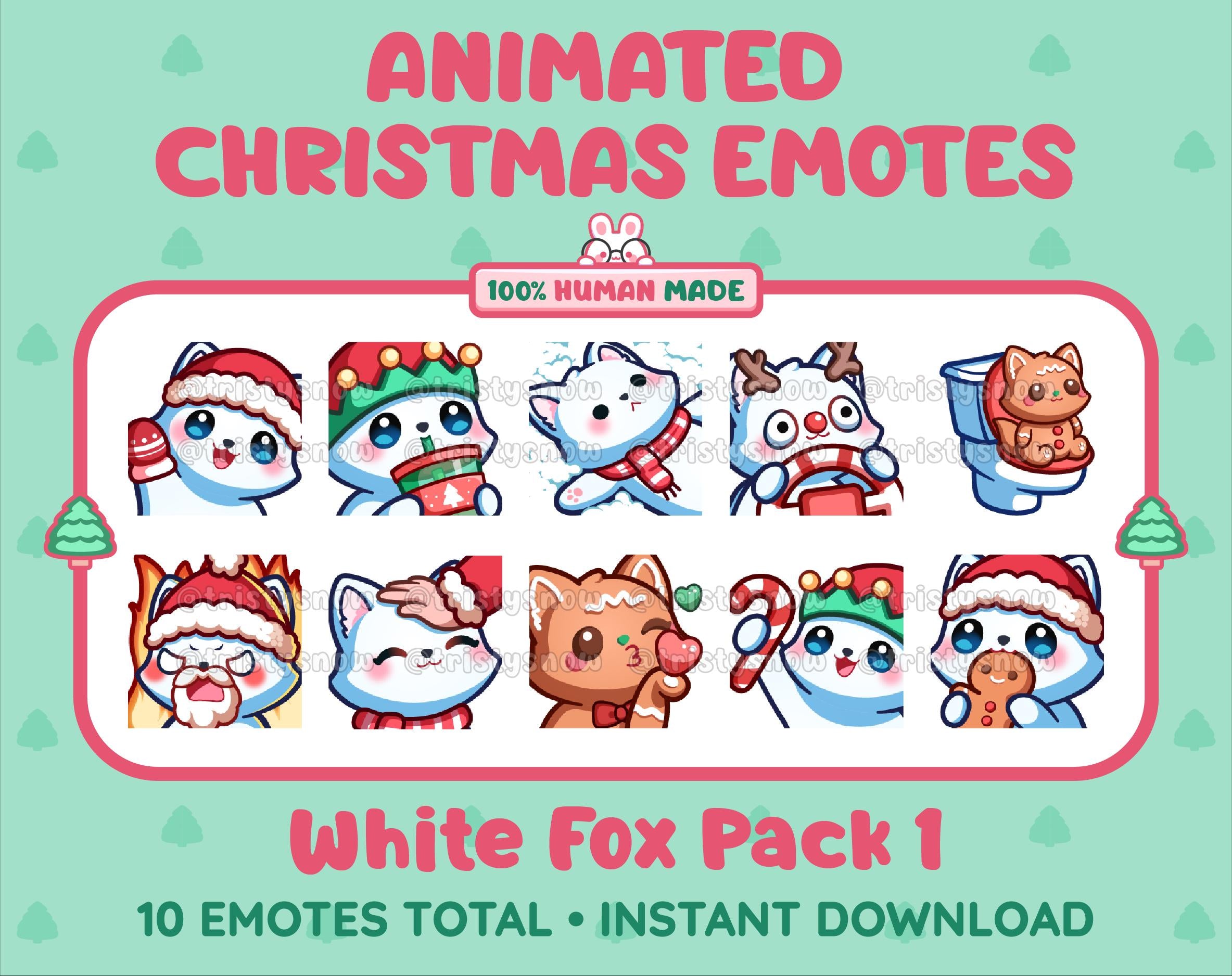White Fox Christmas animated Twitch emote pack featuring 10 emotes including angry, kiss, candy, and cookie.