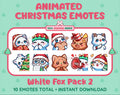 White Fox Christmas animated Twitch emote pack featuring 10 emotes including cozy, bonk, lurk, and hype.