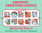 White Fox Christmas animated Twitch emote pack featuring 10 emotes including cozy, bonk, lurk, and hype.