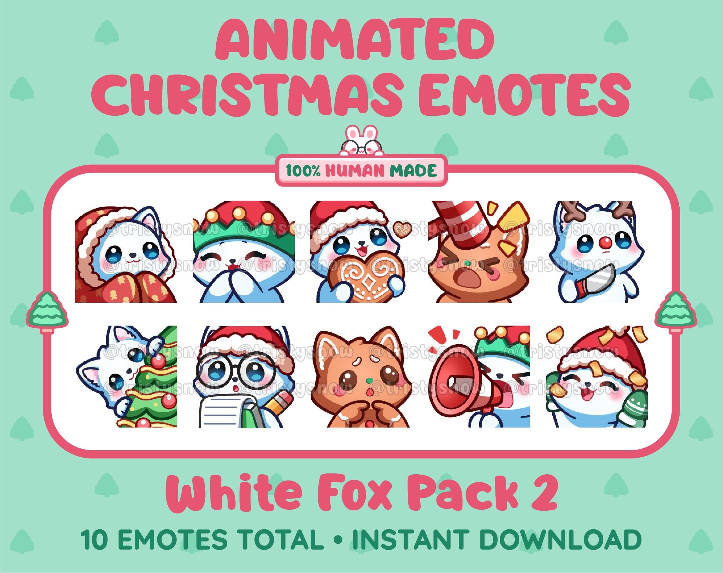 White Fox Christmas animated Twitch emote pack featuring 10 emotes including cozy, bonk, lurk, and hype.